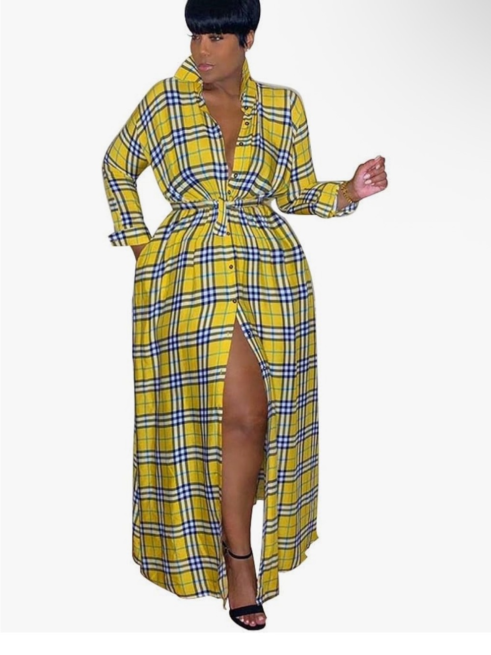 Women's Plus Size Yellow Plaid Button-Front Maxi Dress